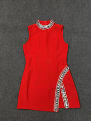 Red dress with silver embellishments on a gray background