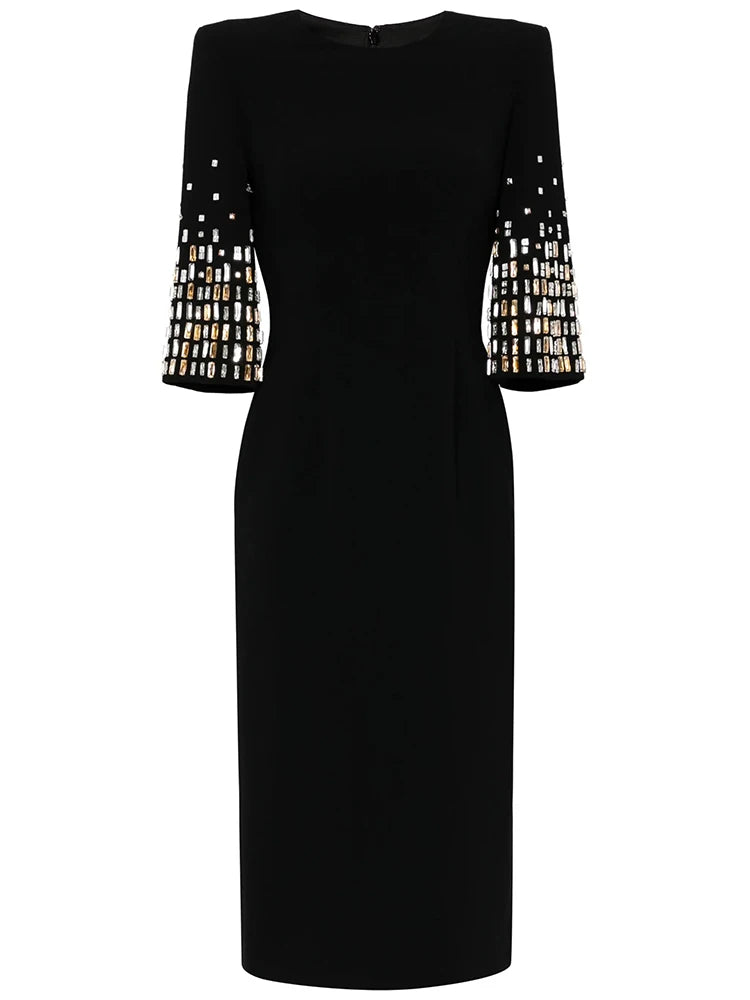 Front view of black midi dress with embellished three-quarter sleeves