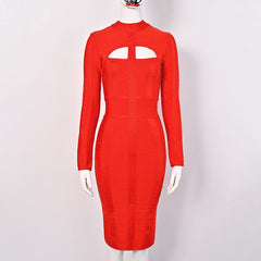 Red dress with cut-out design on a mannequin against a white background