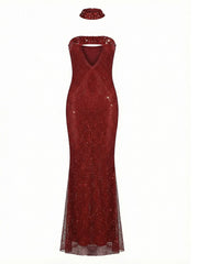 Red Strapless Diamond Embellished Maxi Dress