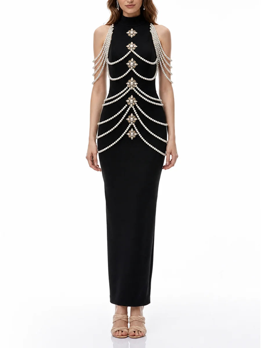 Black high neck sleeveless maxi dress with pearl and crystal embellishments