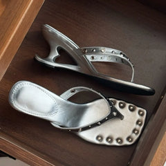 Silver studded square toe flip flop sandals with sculptural heel