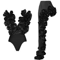 Black ruffled V-neck swimwear top and ruffled skirt