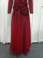 Red Long Sleeve Mesh Sequin 3D Flower Maxi Dress