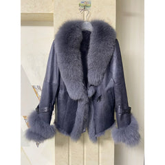 Dark grey shearling jacket with a grey fox fur collar and cuffs.