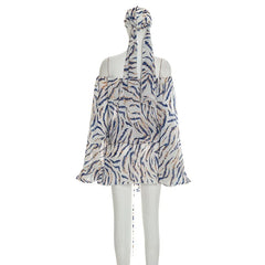 Blue Animal Print Striped Off-Shoulder Mini Dress