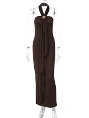 Brown Draped Halter Metal Buckle Maxi Dress