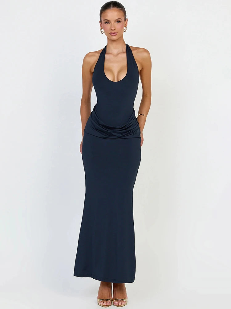 Navy halter neck ruched waist maxi dress