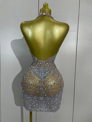 Sparkling rhinestone halter mini dress back view