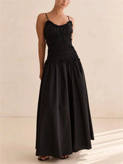Spaghetti strap ruffle smocked bodice A-line maxi dress in black