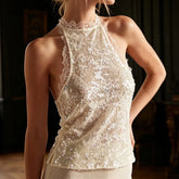 Ivory sequin halter neck top with lace trim