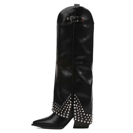 Black leather knee-high boots with pointed toe and silver stud embellishments