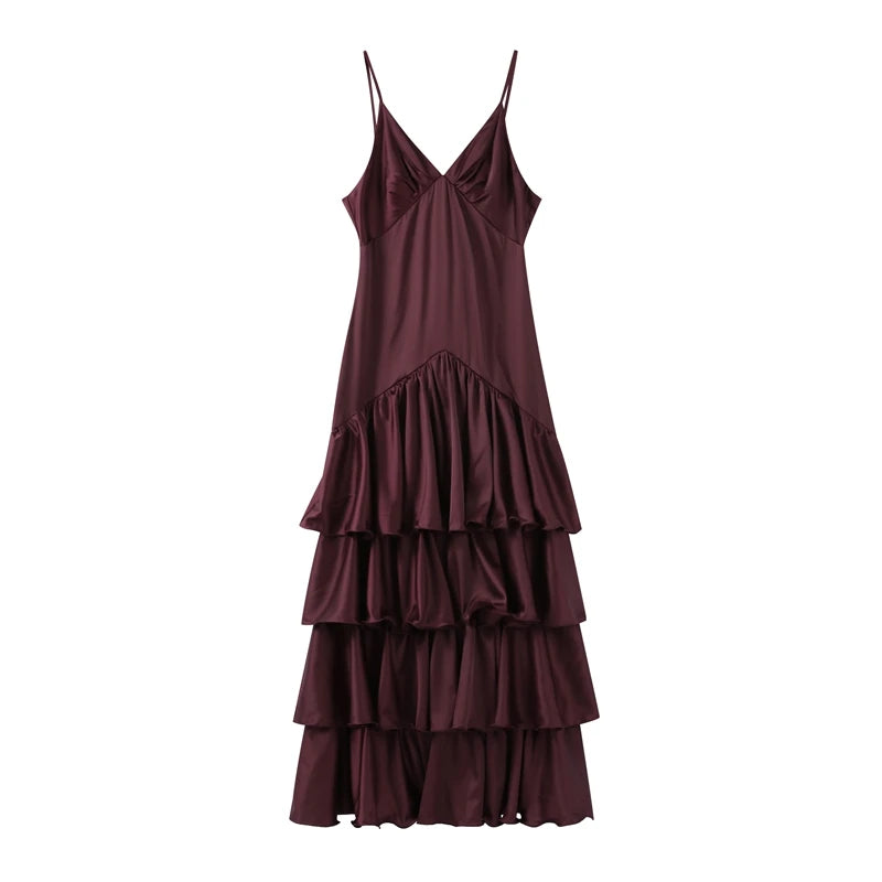 Maroon tiered dress on a white background