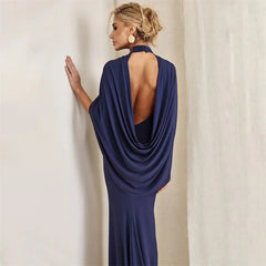 Mock Neck Cape Draped Open Back Maxi Dress