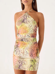 Halter ruched print mini dress side view