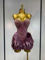 Strapless beaded feather mini dress front view