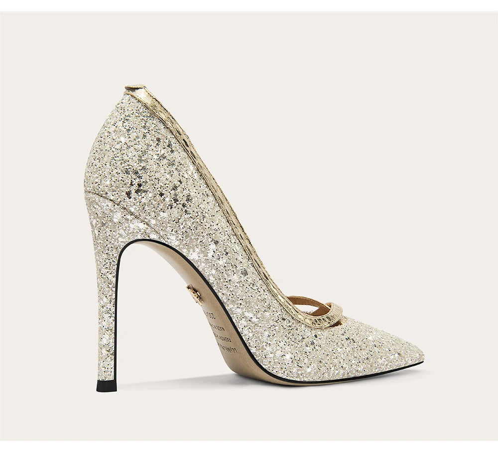 Sparkly high-heeled shoe on a light background