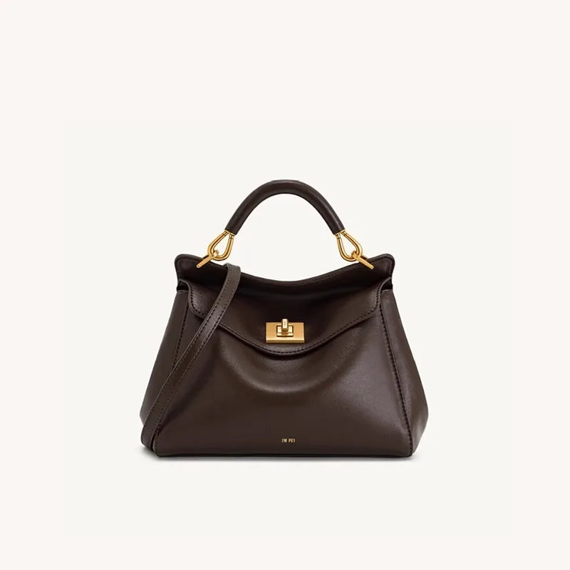 Dark brown smooth leather top handle bag with gold hardware.