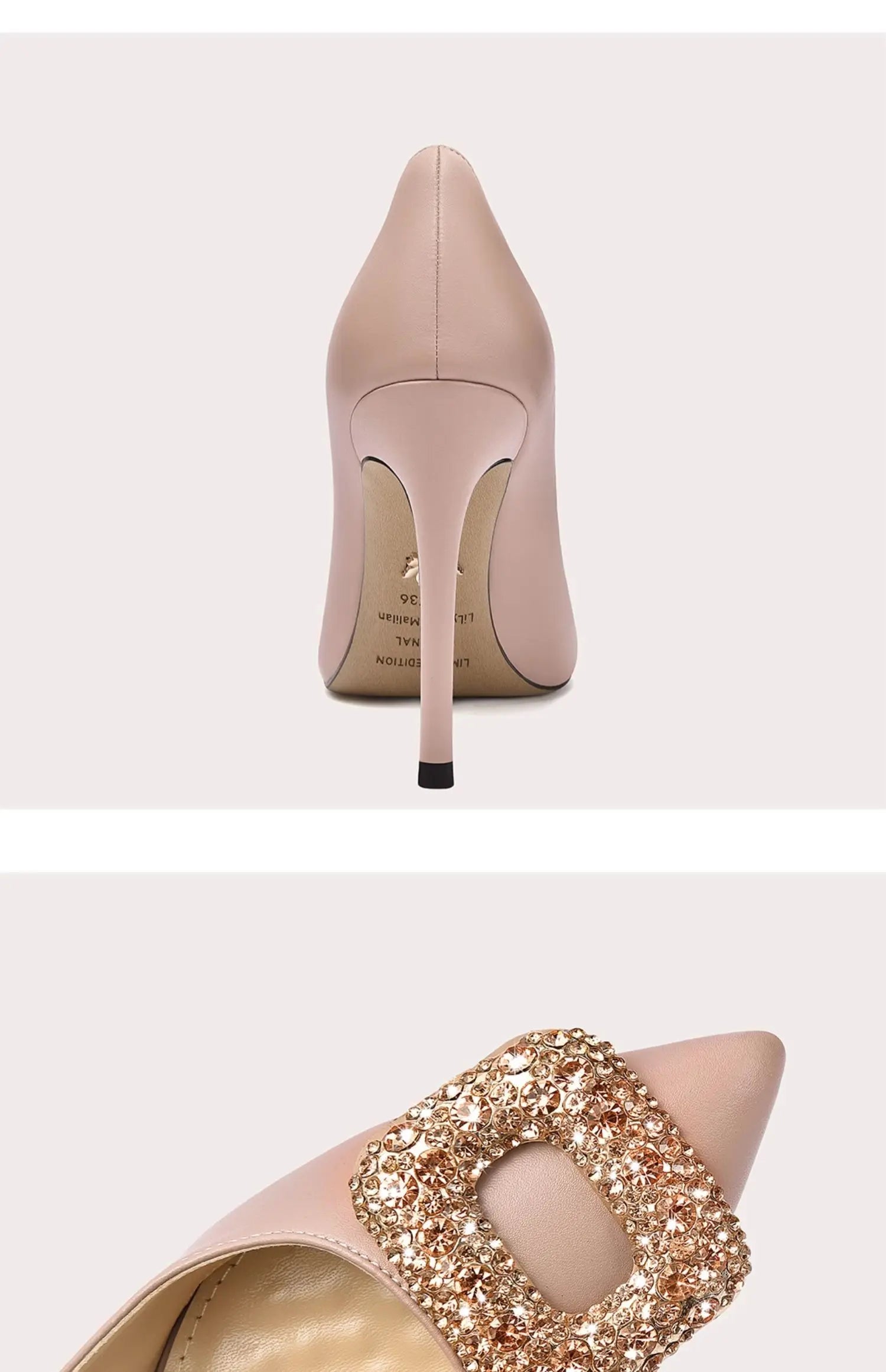 Pink high-heeled shoe with a glittery gold sole on a white background
