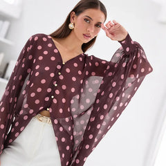 Polka Dot V-Neck Sheer Blouse Top