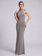 Diamond embellished halter neck ruched floor length gown