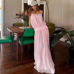 Spaghetti Strap Gathered Empire Waist Maxi Dress with Thigh-High Slit