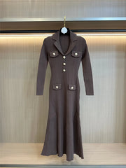 Elegant V-Neck Knitted Midi Sweater Dress – Slim Fit Long Sleeve Knitwear for Women