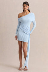 Blue diagonal collar ruched draped mini dress