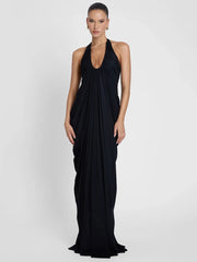 Deep V halter neck drape gown