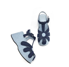 Denim Platform Flower T Strap Sandals