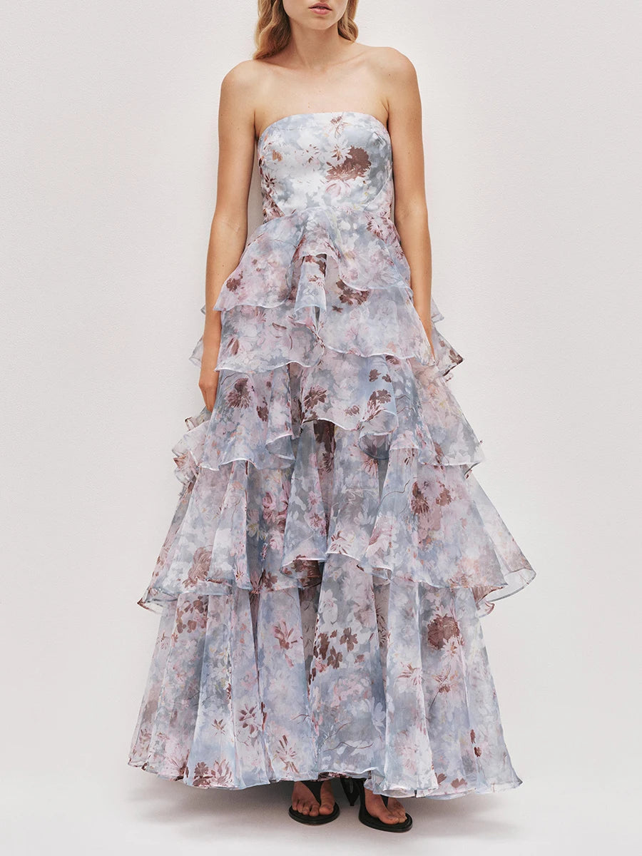 Floral print strapless ruffle maxi dress front view