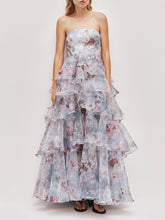 Floral print strapless ruffle maxi dress front view