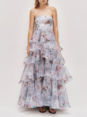 Floral print strapless ruffle maxi dress front view