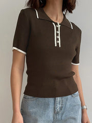 Ribbed Knit Polo Collar Short Sleeve Contrast Trim Cropped Top