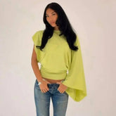Asymmetrical drop-shoulder knit top in light green