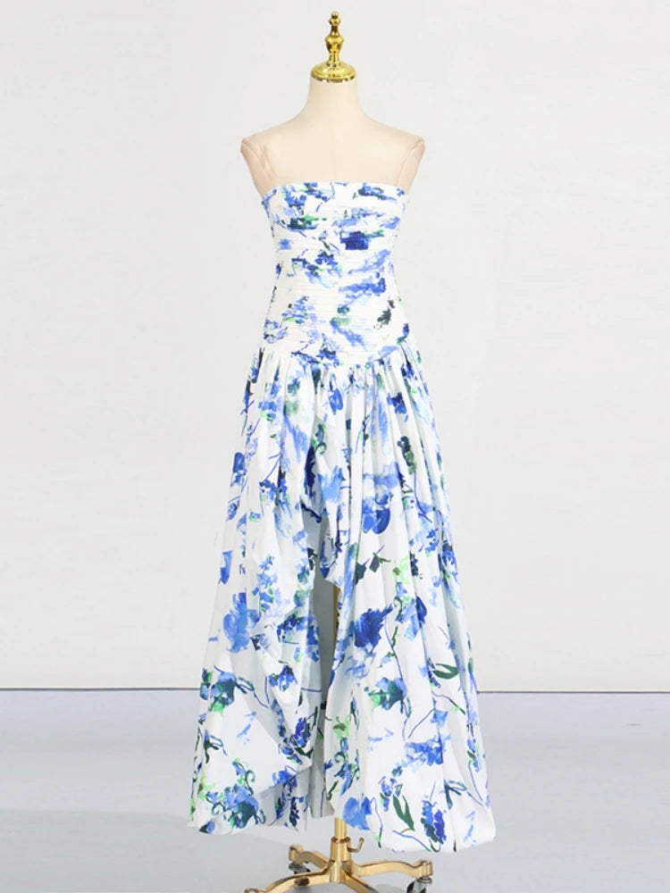 Floral strapless dress on a mannequin against a white background