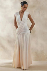 Draped V-Neck Ruched Waist Maxi Dress