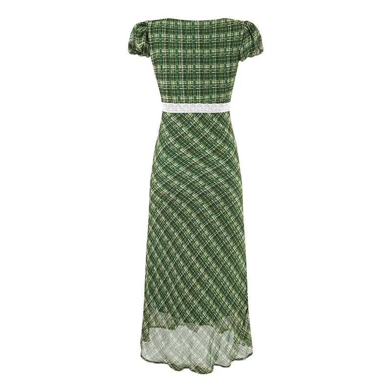 Back view of green plaid midi dress with square neckline and puff sleeves