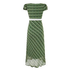 Back view of green plaid midi dress with square neckline and puff sleeves