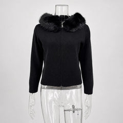 Hooded Faux Fur Trim Knit Jacket