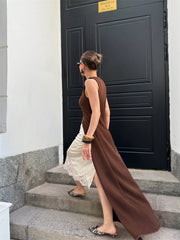Woman in a brown dress descending stone steps in front of a dark door.