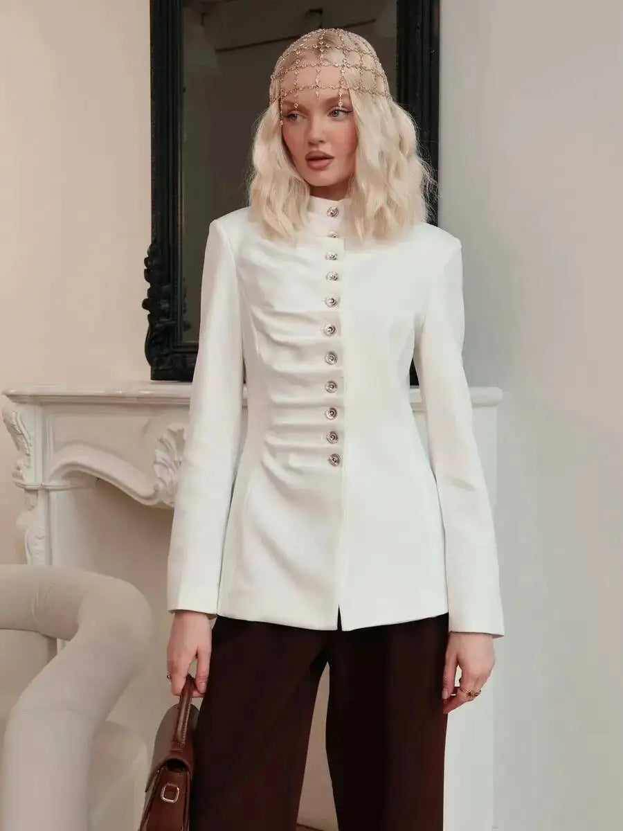 White ruched mandarin collar blazer