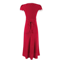 Red Polka Dot Midi Dress - Lace Trim V-Neck Holiday Robe
