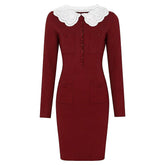 Burgundy knit pencil dress with embroidered lace collar and button details.