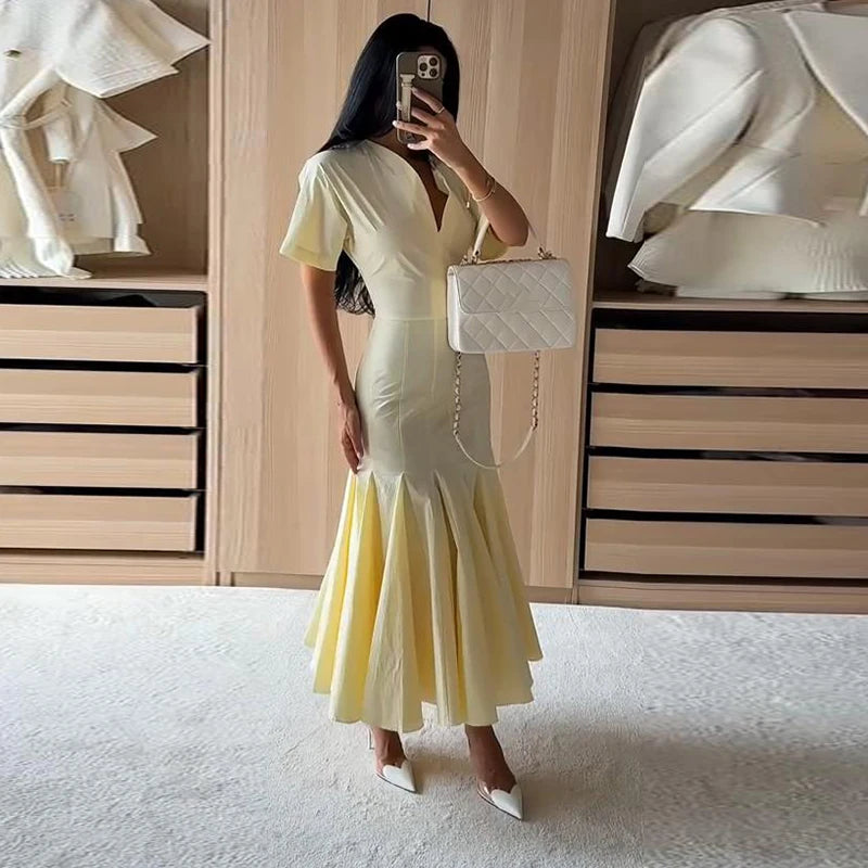Pleated V-Neck Maxi Dress