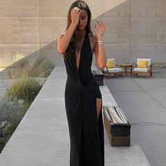 Halter Deep V-Neck Draped Maxi Dress