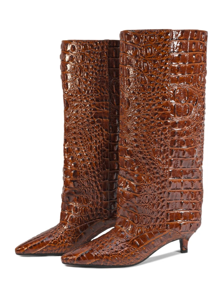 Brown kitten heel crocodile pattern knee high boots