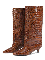 Brown kitten heel crocodile pattern knee high boots