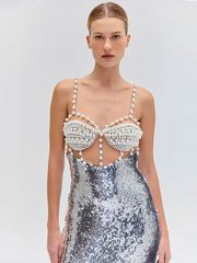 Model wearing a silver sequin dress with a beaded top on a plain background