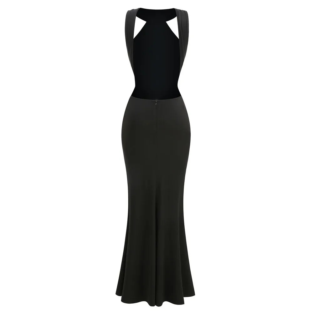 Ruched halter fishtail dress back detail